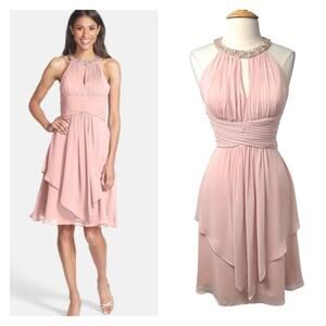 Eliza J Cocktail Dress Size 6 Pink Embellished Neck Tiered Chiffon Pleated Waist